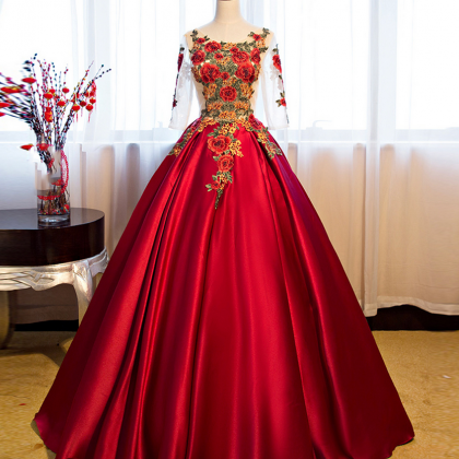 A Line 1/2 Sleeve Lace Satin Ball Gown Dress..