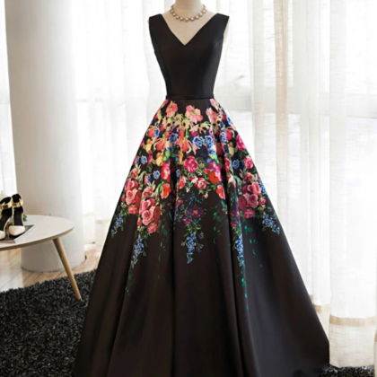Black V Neck Floral Patterns Long Prom Dress,..
