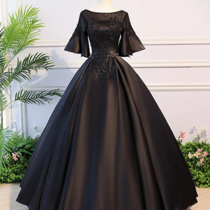 Black Round Neck Satin Lace Long Prom Dress, Sweet..