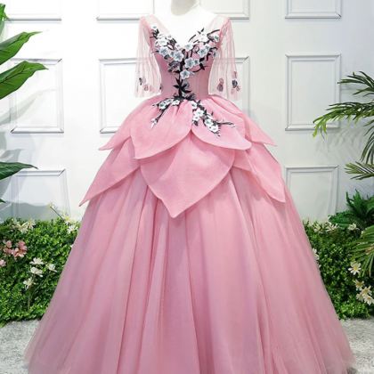 V Neck Tulle Lace Applique Long Prom Dress,..
