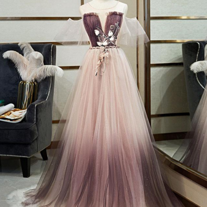 Unique Tulle Round Neck Lace Long Prom Dress Tulle..
