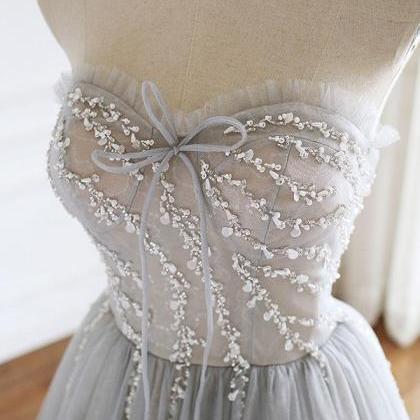 Sweetheart tulle sequin beads long prom dress