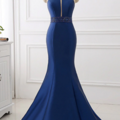 Satin Mermaid Halter Cut Out Backless Long Prom..