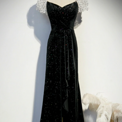 Black Velvet Puff Sleeve Pleats Prom Dress With..
