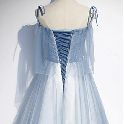 Blue Tulle A Line Spaghetti Straps Appliques Prom Dress with Slit LBQ4217