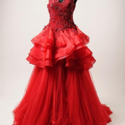 Red Lace Beaded Ruffles A-line Long Evening Prom..