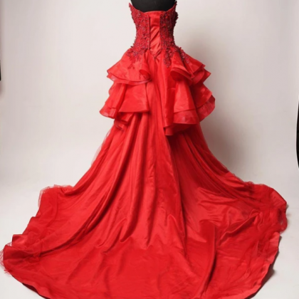 Red Lace Beaded Ruffles A-line Long Evening Prom..