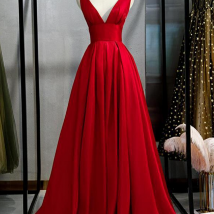 V Neck Simple Red A-line Long Evening Prom..