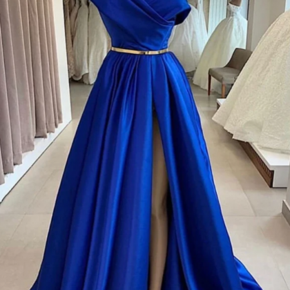 One Shoulder Royal Blue Satin Long Prom Dresses..