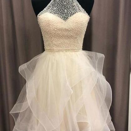 Chiffon and Lace Short Dress with Open Back Champagne