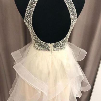 Short Champagne Beaded Floral Prom Dresses, Short Champagne Formal Homecoming Dresses