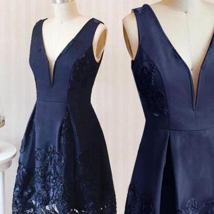 Navy Blue Straps A-Line Satin Short Party Dresses Homecoming Dresses, DP5705 main image 0