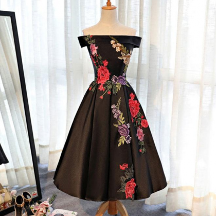 Black Satin Short Prom Dress, Black Evening Dress