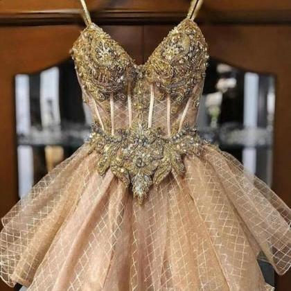 Champagne Beaded Crystals Homecoming Dresses..