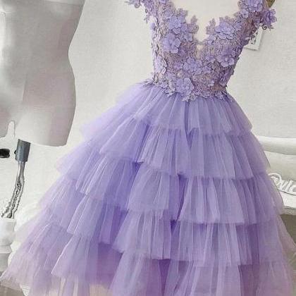 Purple Sweet Cute Homecoming Dresses V Neck..