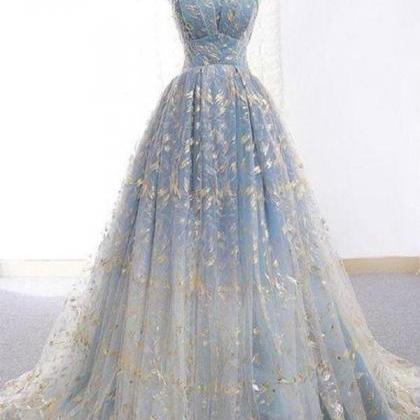 Ball Gown Blue Prom Dress With Delicate Gold Leaf..