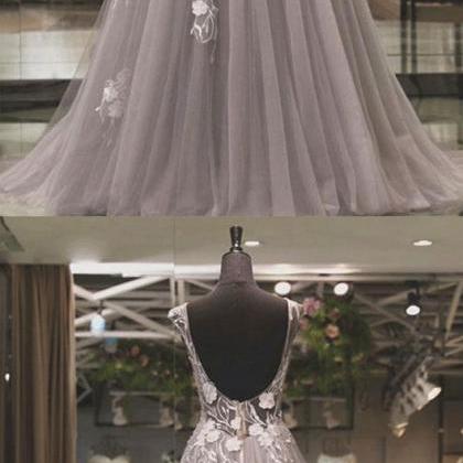 Grey Jewel Neck Cap Sleeves A-line Prom Dress,robe..