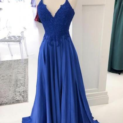 Royal Blue Lace Long A Line Prom Dress Blue..