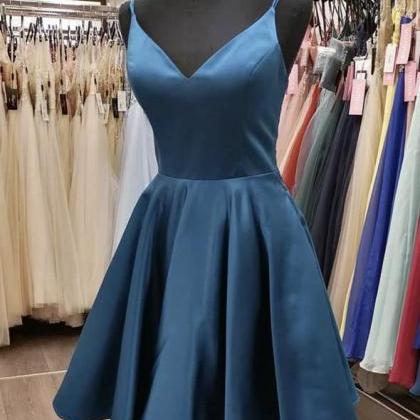 Ink Blue Satin Short A Line Prom Dress Homecoming..