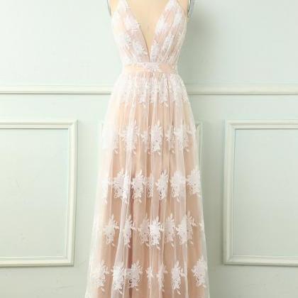 Spaghetti Straps White Prom Dress A Line Lace..