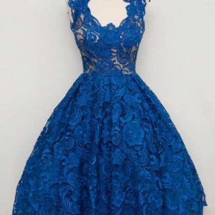 Royal Blue Lace Vintage Style Short Homecoming..