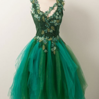 Unique V Neck Green Tulle Lace Short Prom Dress,..