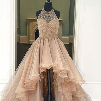 Halter Beaded High Low Organza Champagne Prom..