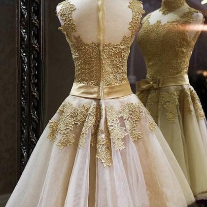 Gold Homecoming Dress,lace Prom Dress,high Neck..