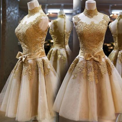 Gold Homecoming Dress,lace Prom Dress,high Neck..