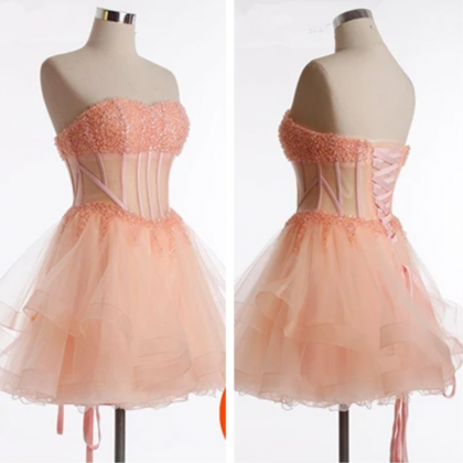 Blush Pink Cute Beading Tulle Homecoming Dress