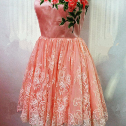 Coral Prom Dresses,lace Homecoming Dresses,short..