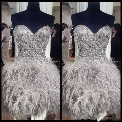 Short Prom Dresses With Feathers Sweetheart Neck..