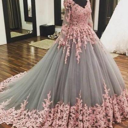 Romantic 2020 Grey Tulle Pink Lace Wedding Dresses..