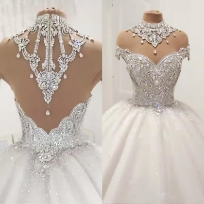 Luxury Ball Gown Wedding Dresses With Sheer Neck..