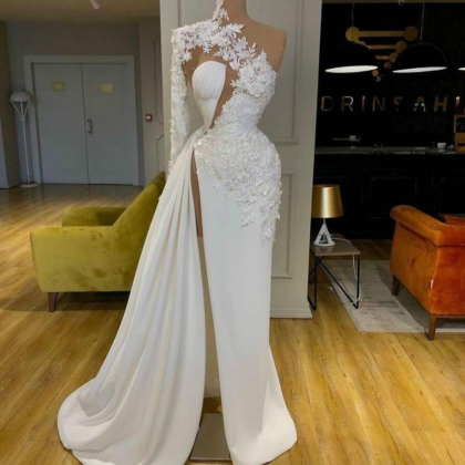 Arabic Dubai White Prom Dresses Sexy High Side..