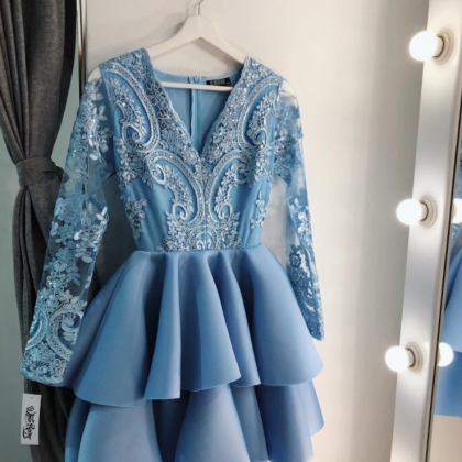 Baby Blue V Neck Lace A Line Homecoming Dresses..