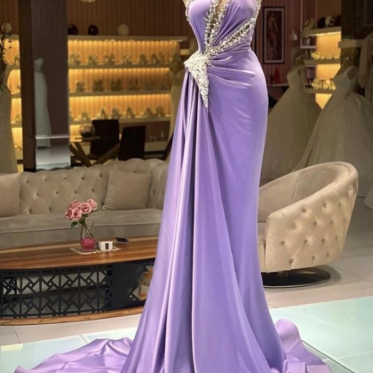 Elegant Lavender Satin Mermaid Evening Dresses..