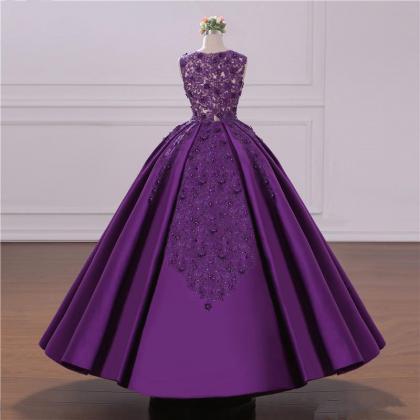 Dark Purple Lace Appliqued A-line Prom Dresses..