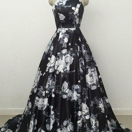 Halter Printing Prom Dress,a Line Prom Dress, Prom..