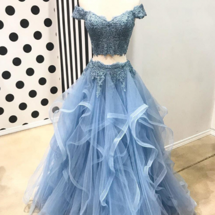 Sky Blue Two Pieces Prom Dress,long Evening..