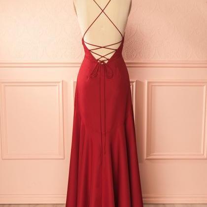 Simple Burgundy V Neck Long Prom Dress,lace Up..