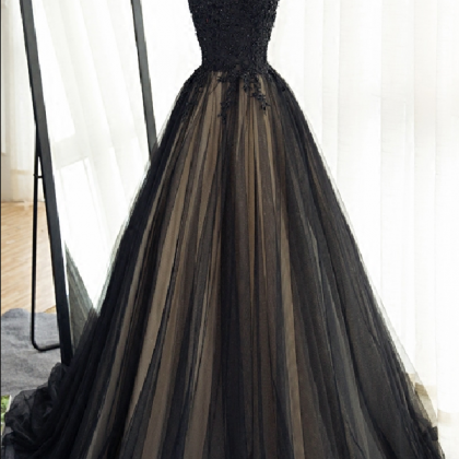 High Neck Prom Dress,long Black Tulle Prom..