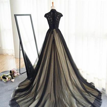 High Neck Prom Dress,long Black Tulle Prom..