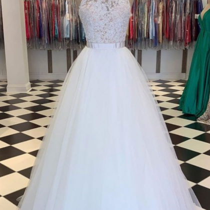 High Neck Tulle Lace Long Prom Dress White Lace..