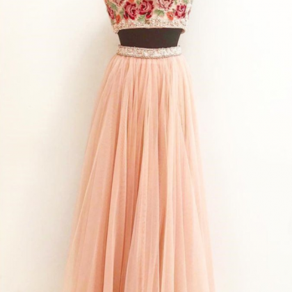 Cute Pink Two Piece Embroidery Strapless Long Prom..
