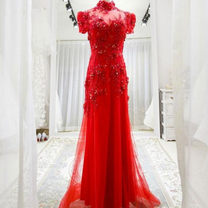 Red Tulle Lace Long Prom Dress, Red Lace Tulle..