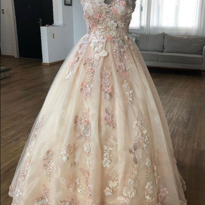Champagne Round Neck Applique Long Prom Dress,..