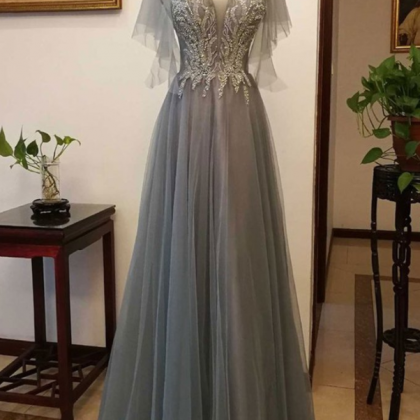 Gray Tulle Lace Cap Sleeve Long Women Prom Dress,..