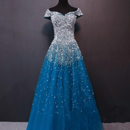 Beautiful Teal Blue Sparkle Beaded Long Formal..