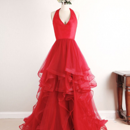 Red Tulle Sweetheart High Low Pretty Prom Dresses..